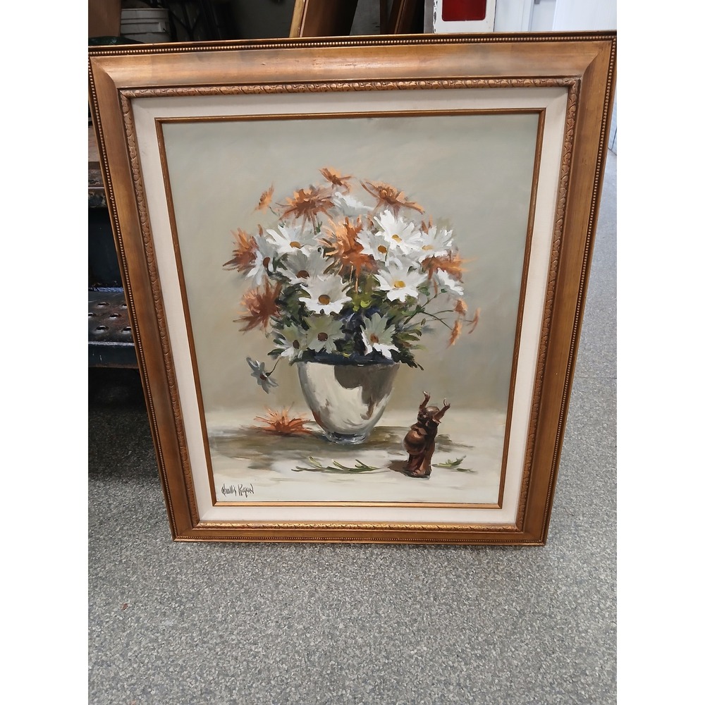 NJ Challis Regan Signed Floral Still Life Oil Painting 24x30 Framed Daisies Art